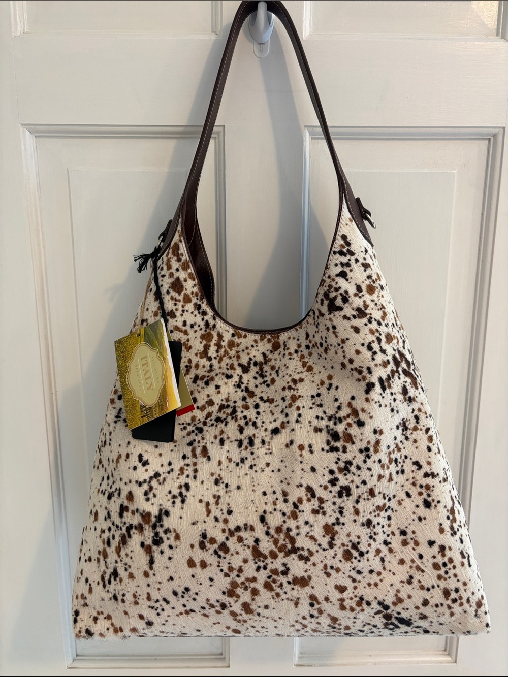 Cavalcanti Spotted Cowhide Shoulder Bag with Brown Trim leather bnwt